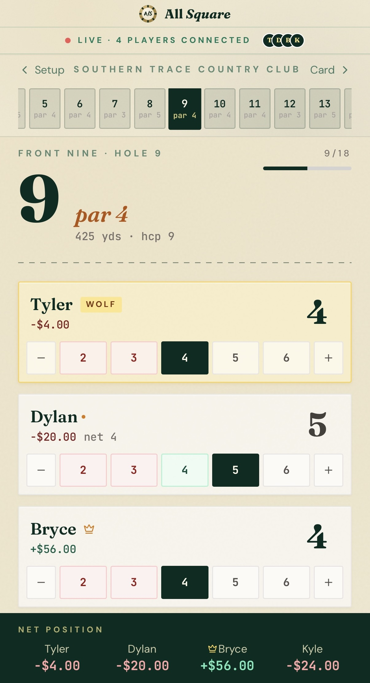 The Play screen showing live betting math as scores are entered.